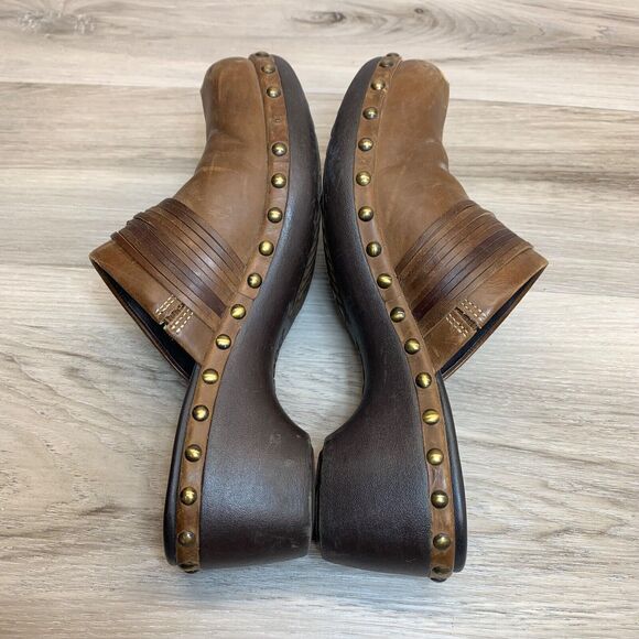 Ecco Leather Studded Slip On Size 6 EU 37 Mules Clogs Chunky Strap Boho Brown - Picture 3 of 14